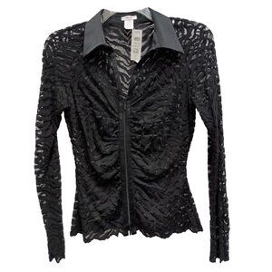 Vintage Y2K Cache Top Womens Large Black Sheer Lace Fairy Grunge Long Sleeve New